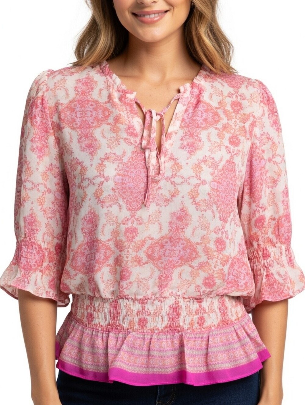 Lucky & Coco Pink Floral Paisley Ruffled Blouse Size S